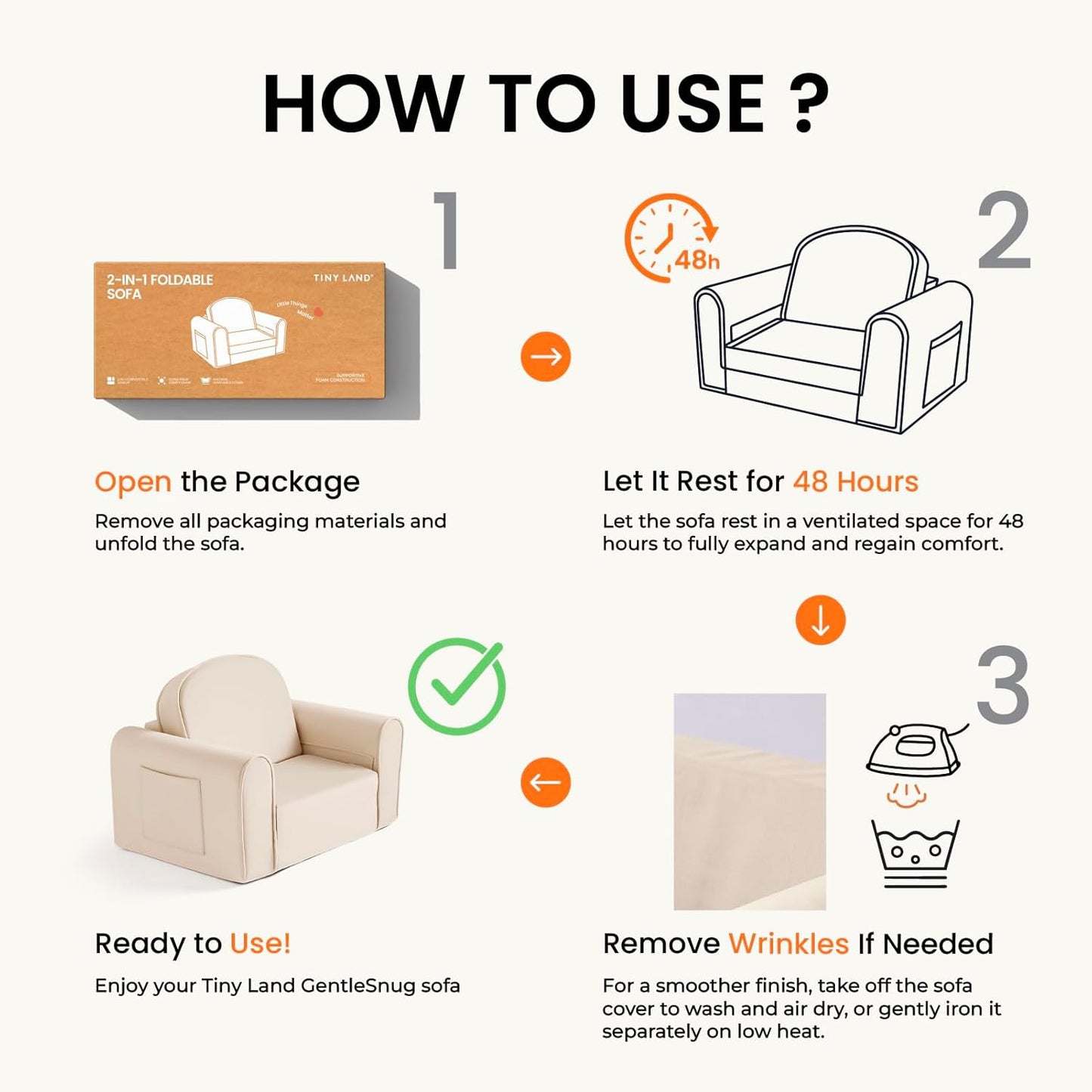 Step-by-step guide on how to use Tiny Land® GentleSnug Kid Chair with images and text.