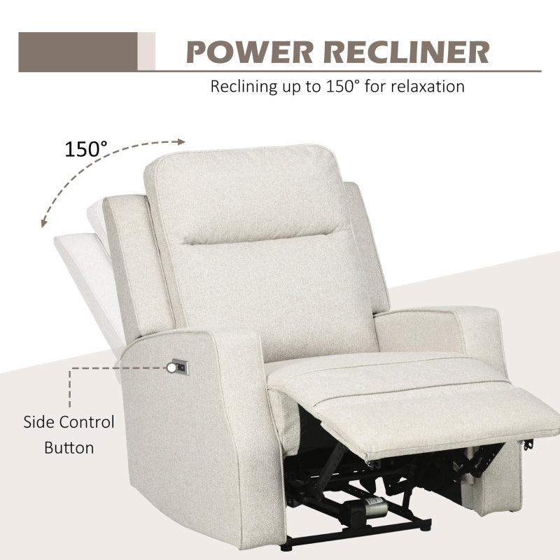 HOMCOM Electric Power Nursery Recliner | Cream White Linen Upholstery Armchair