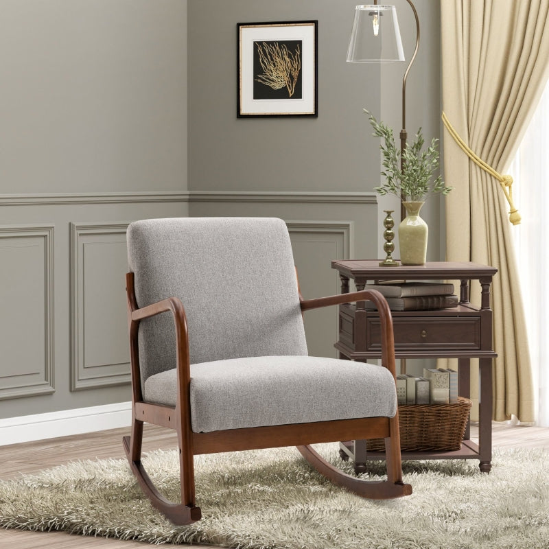 HOMCOM Upholstered Nursery Rocking Armchair | Wood Base & Linen Fabric Seat | Grey