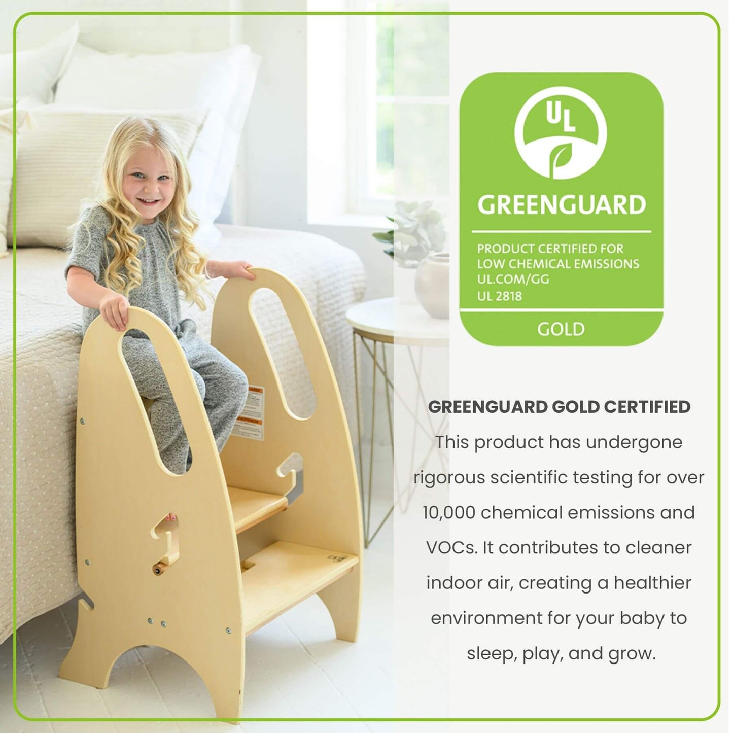 Girl Standing on Little Partners 3-in-1 Growing Step Stool Natural