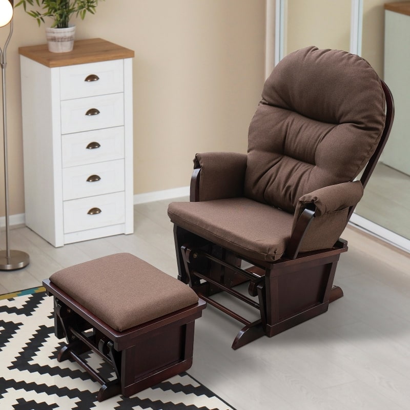 HOMCOM Nursery Glider Rocker with Ottoman | Thick Padded Cushion & Wood Base | Brown