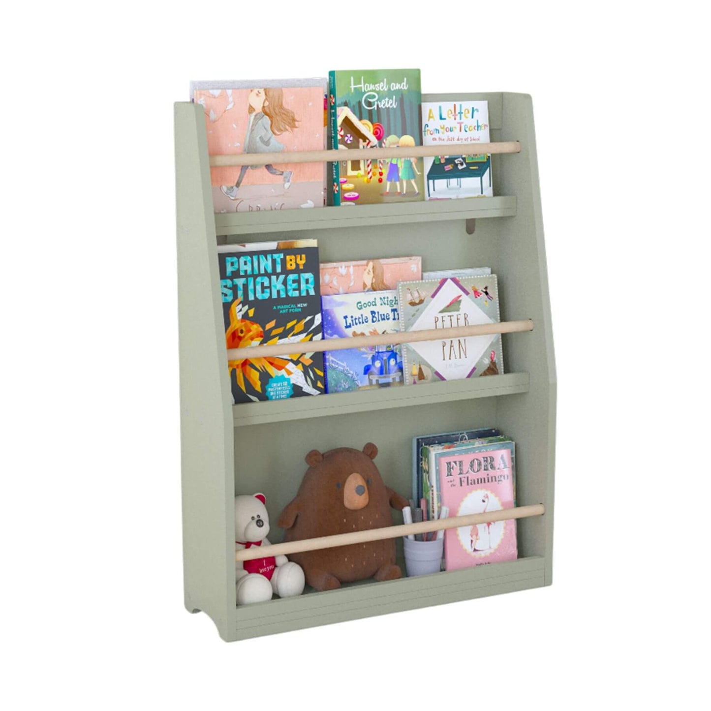 MOONRIVER 3 Tier Kids Book Shelf - Sage with books and a teddy bear on a white background