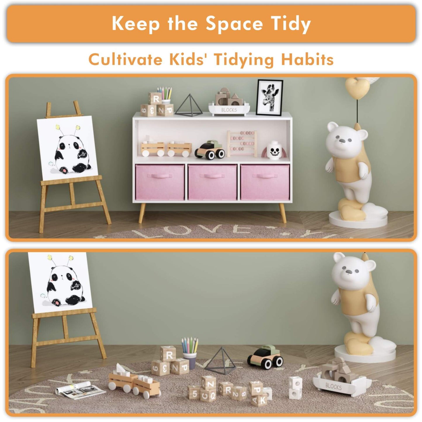 Children's room with a cabinet, toys, and decor elements to encourage tidying habits.