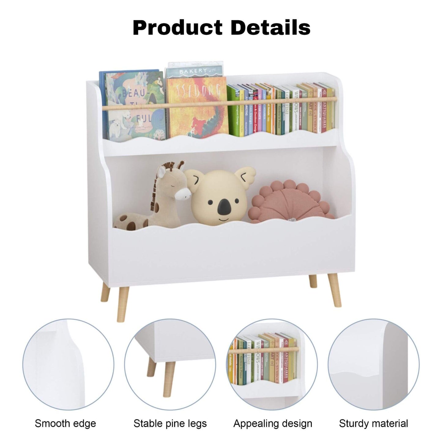 Children's bookshelf with books and toys, featuring smooth edges, stable pine legs, appealing design, and sturdy material.