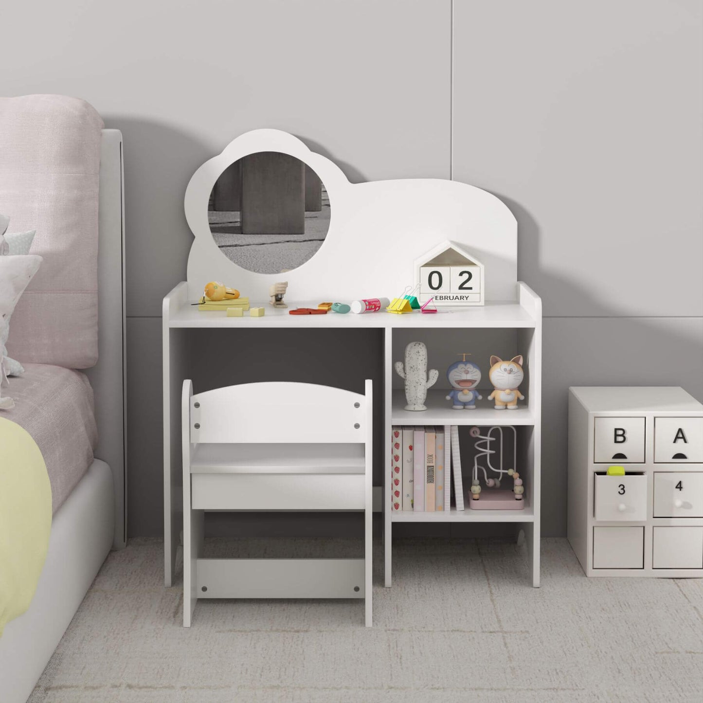 MOONRIVER Kids Vanity Table with Mirror and Chair - White in a bedroom setting.