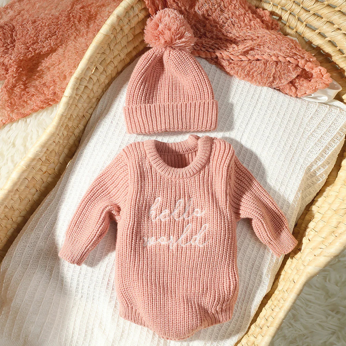 RYAN AND REMI Newborn Hello World Knitted Bodysuit Set