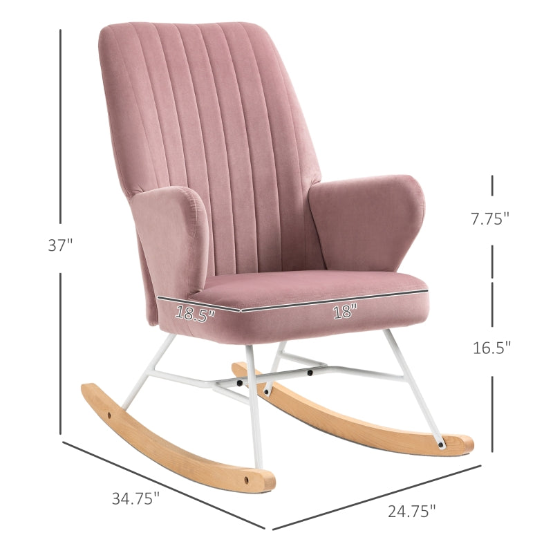 HOMCOM Modern Nursery Accent Rocking Chair | Wingback Chair | Pink