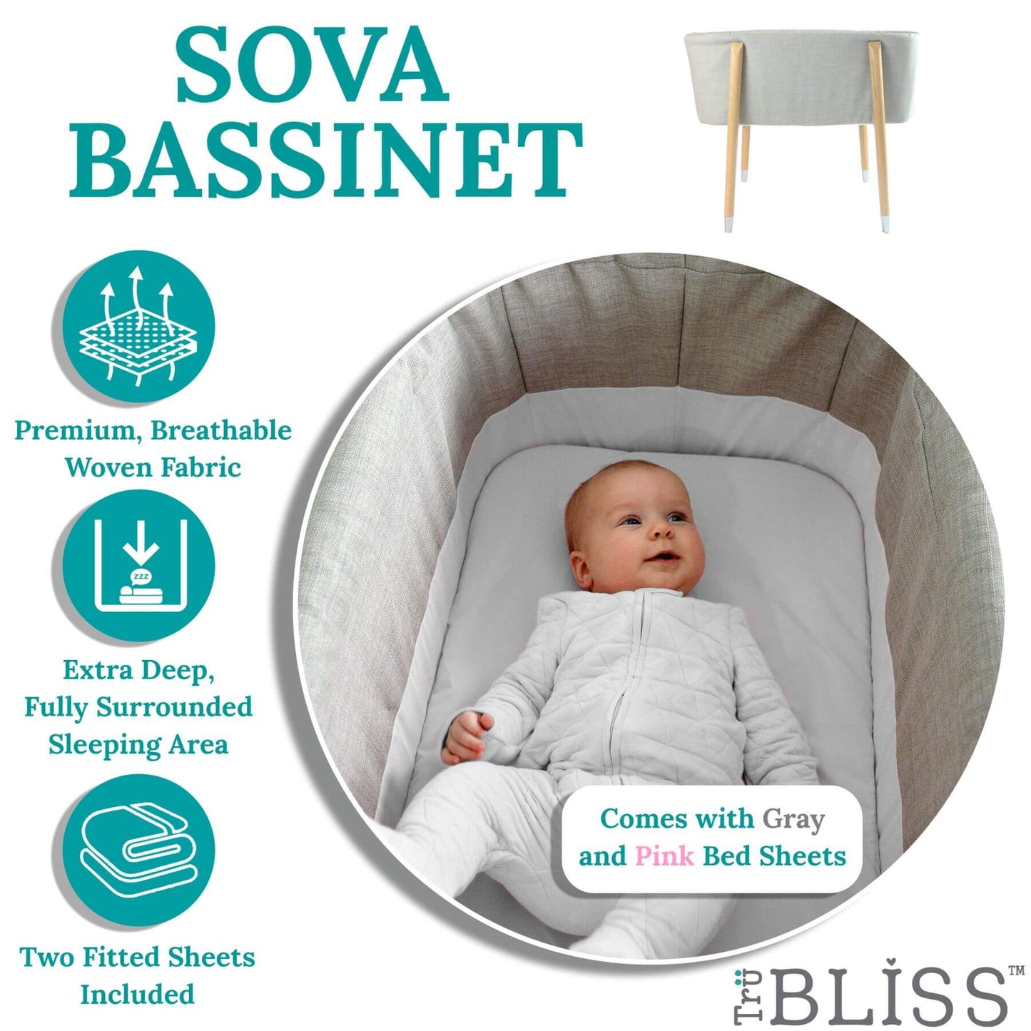 Baby Sleeping in TruBliss SOVA Bassinet Grey