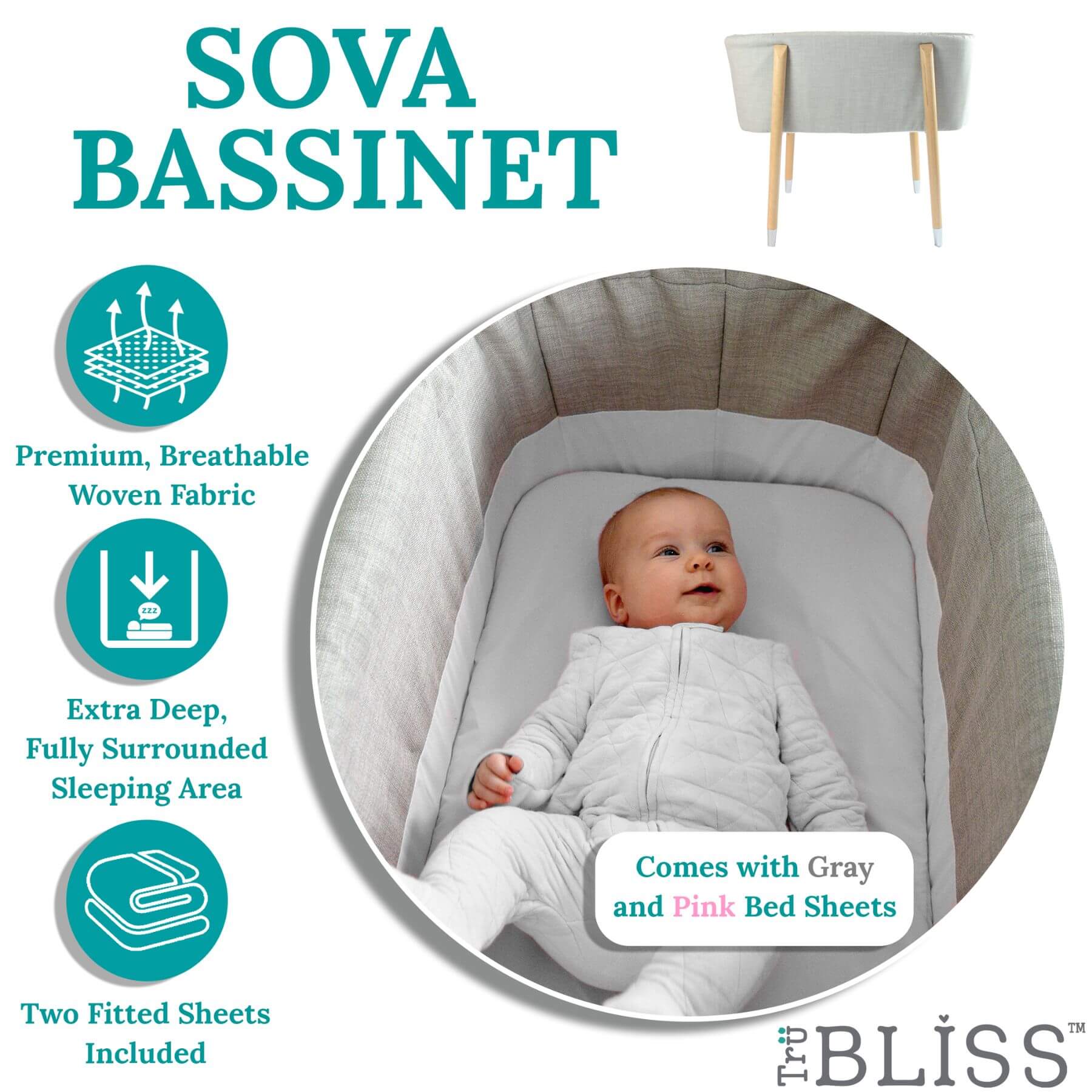 Baby Sleeping in TruBliss SOVA Bassinet Grey
