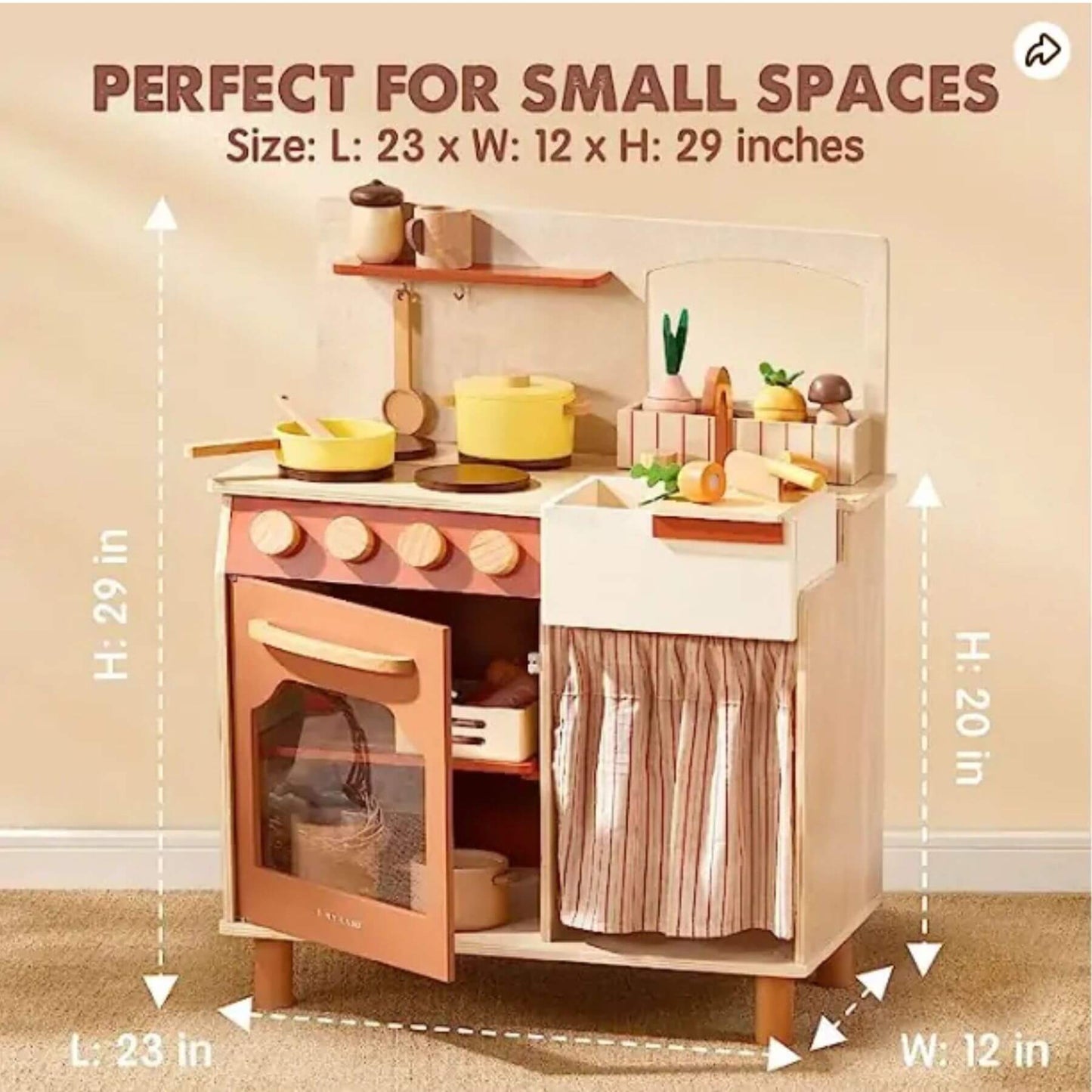 Tiny Land® Cubby Kitchenette - Natural with measurements on a beige background