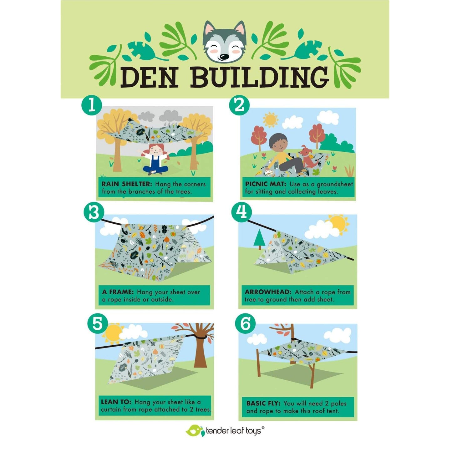 Instructions for building a den with cartoon illustrations and text on a green background.