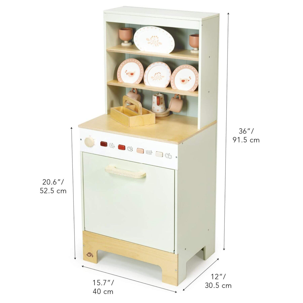 Tender Leaf Kitchen Dresser and Dishwasher with measurements on a white background