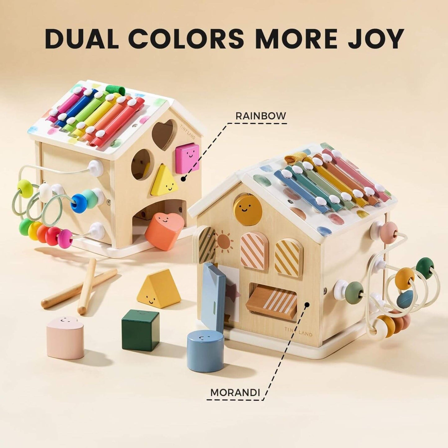 Wooden toy house with colorful elements labeled 'Rainbow' and 'Morandi' on a beige background.