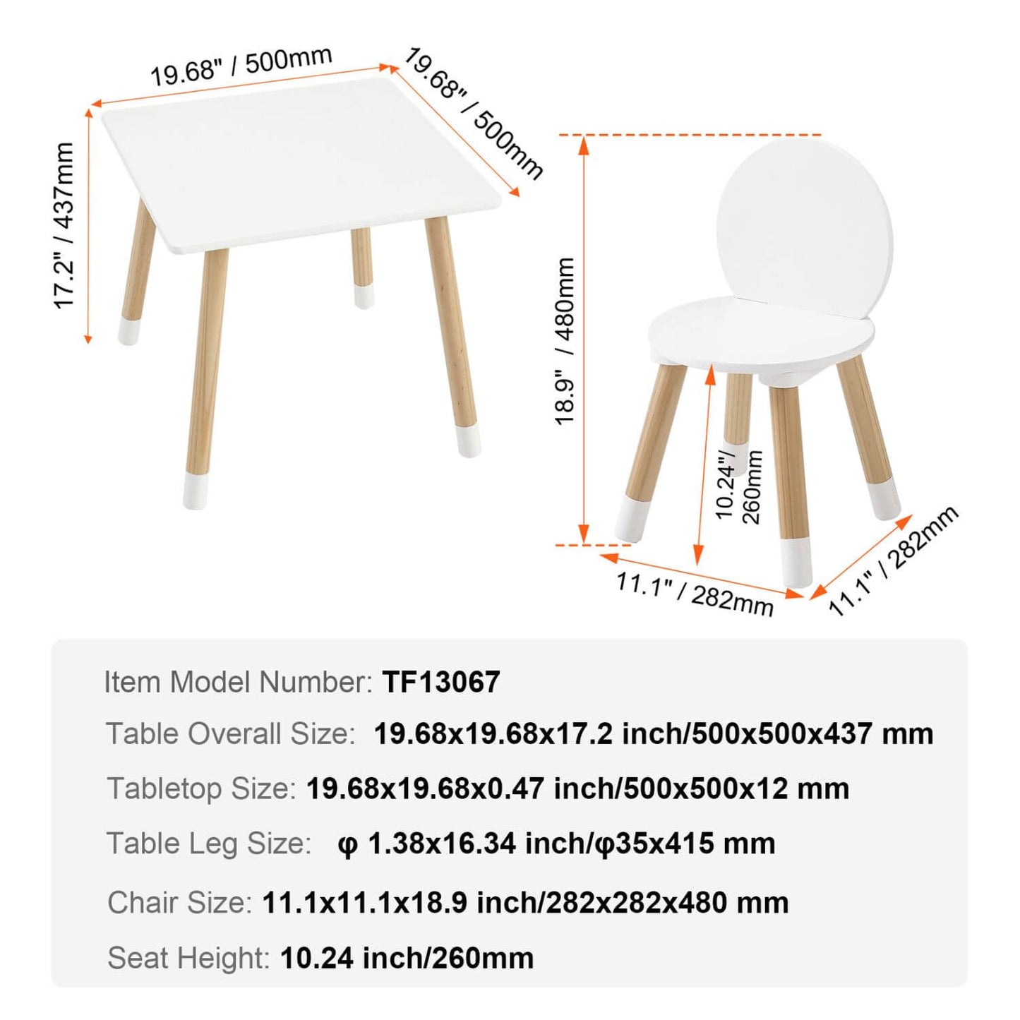 Dimensions of a white table and chair set with measurements in millimeters.