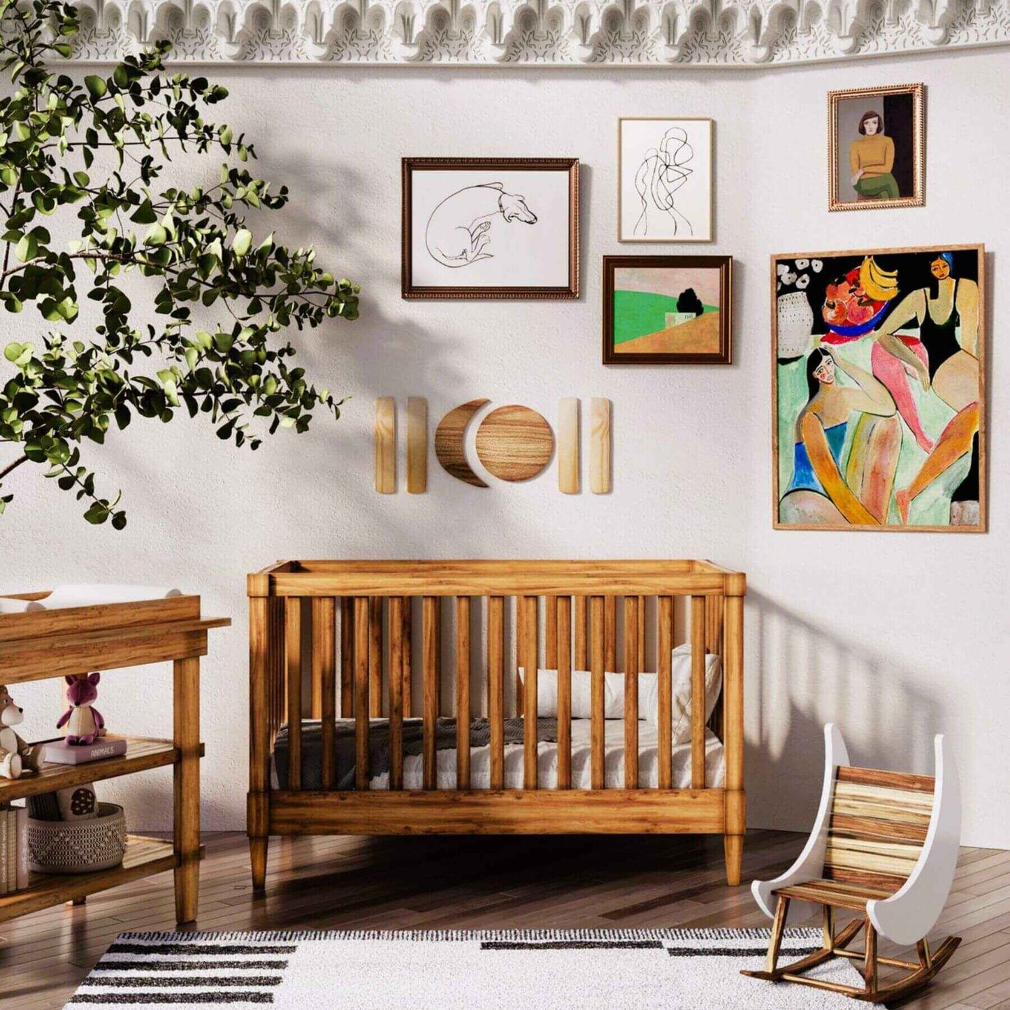 Nursery room with wooden crib, colorful wall art, and decorative elements.