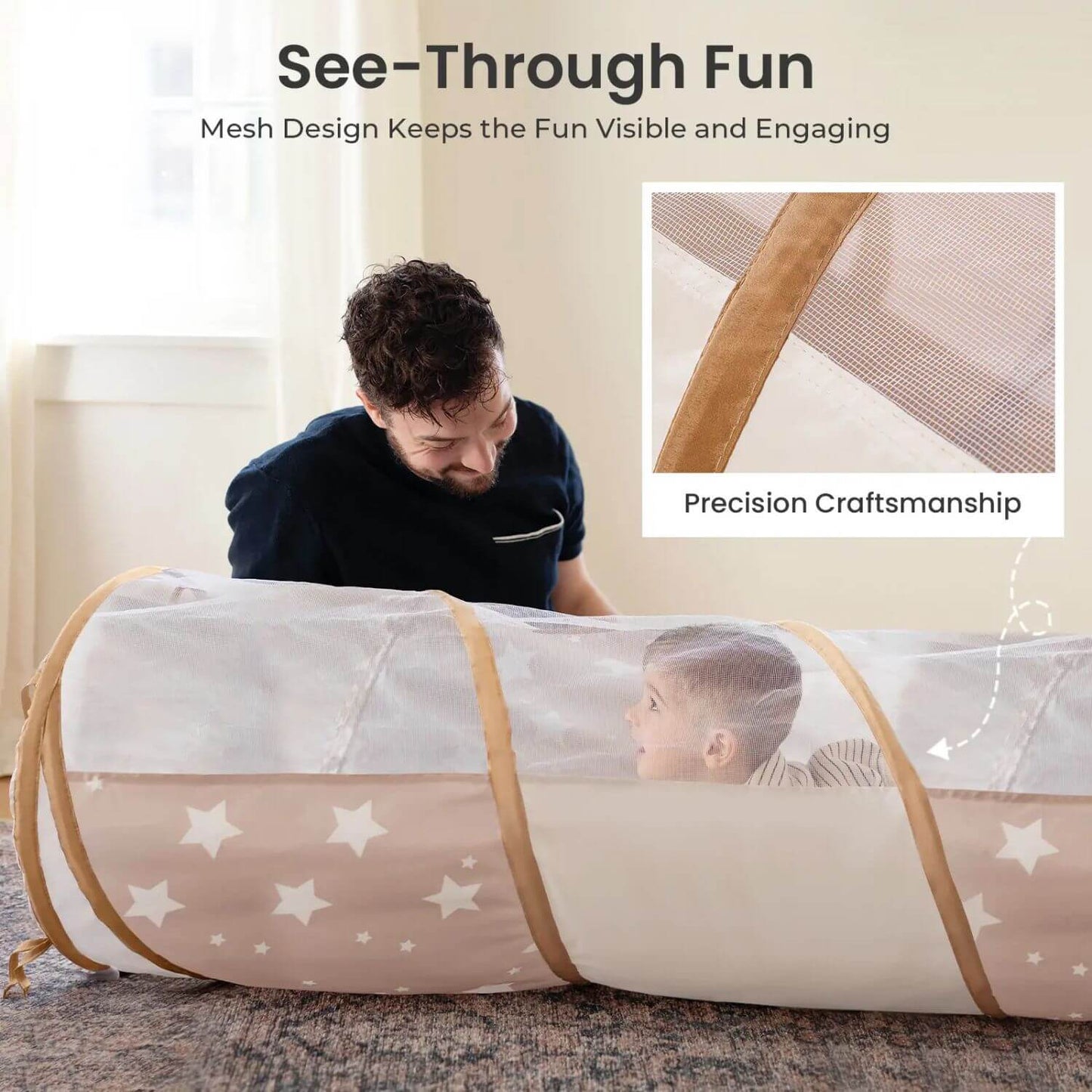 Dad Watching Boy Playing inside Tiny Land® Adventure Play Tunnel