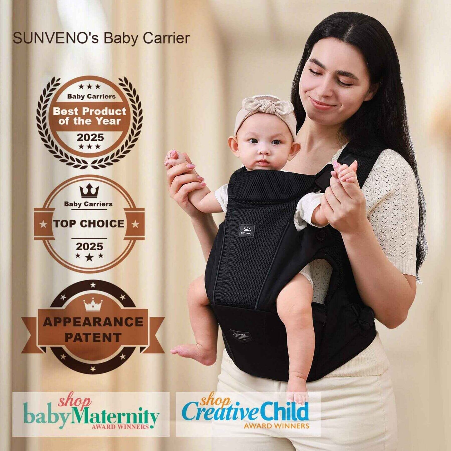 Woman holding a baby in Sunveno All-in-One Baby Carrier