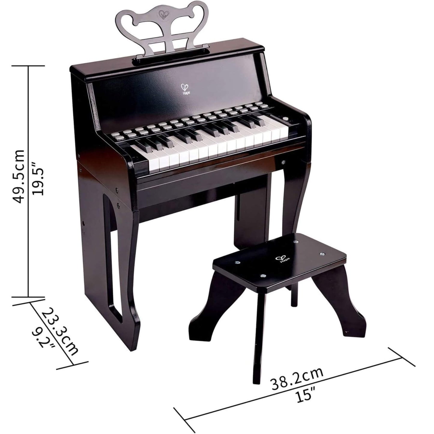 Hape Learn with Lights Black Piano w/ Stool with dimensions