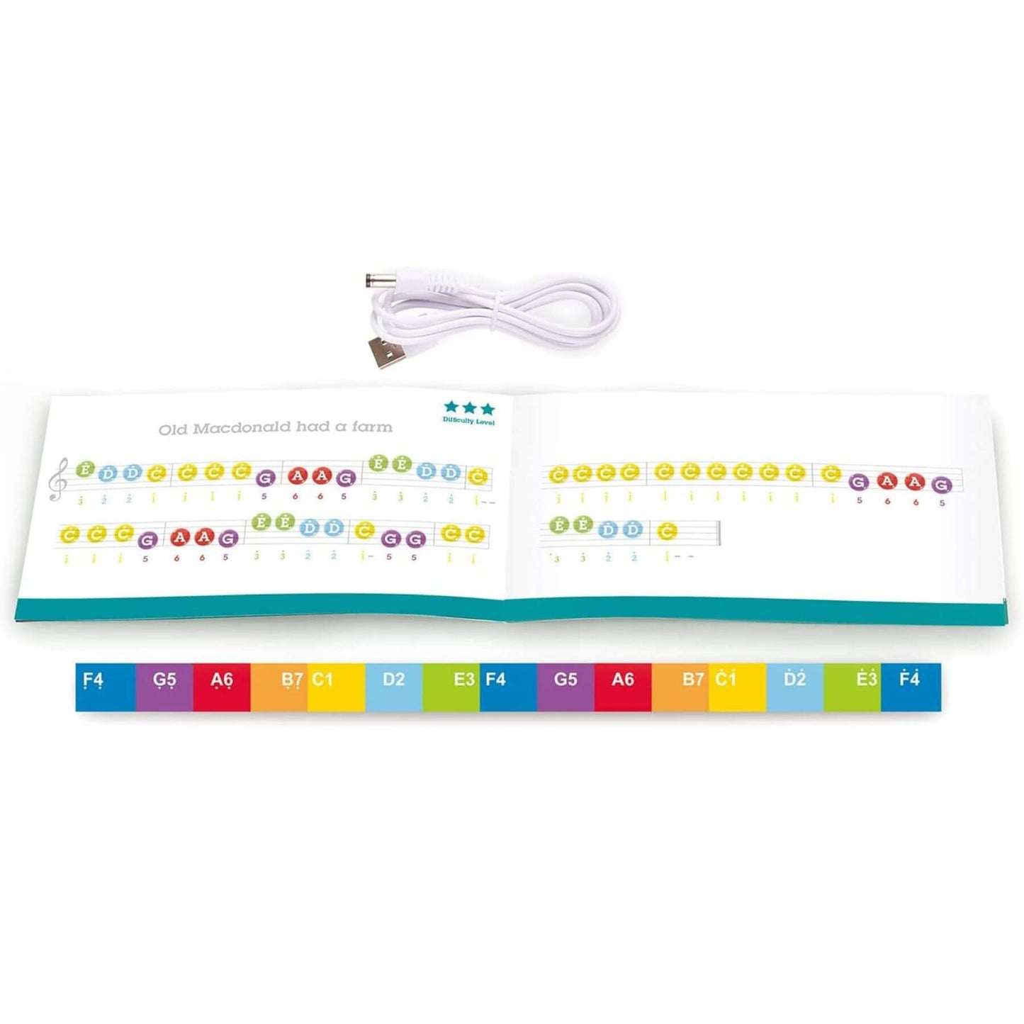 Colorful keyboard with musical notes on a white background