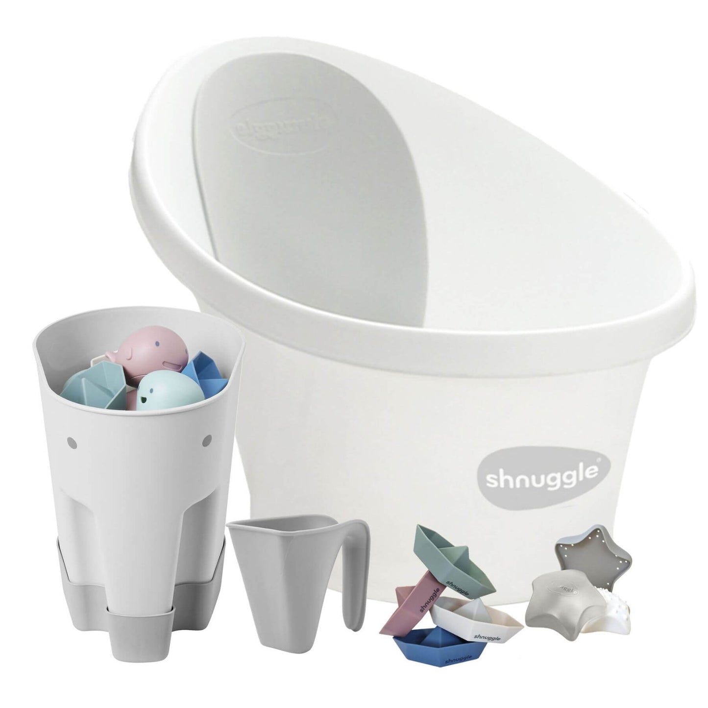 Shnuggle Newborn Bundle: Baby Bath & Accessories Bundle - White & Grey