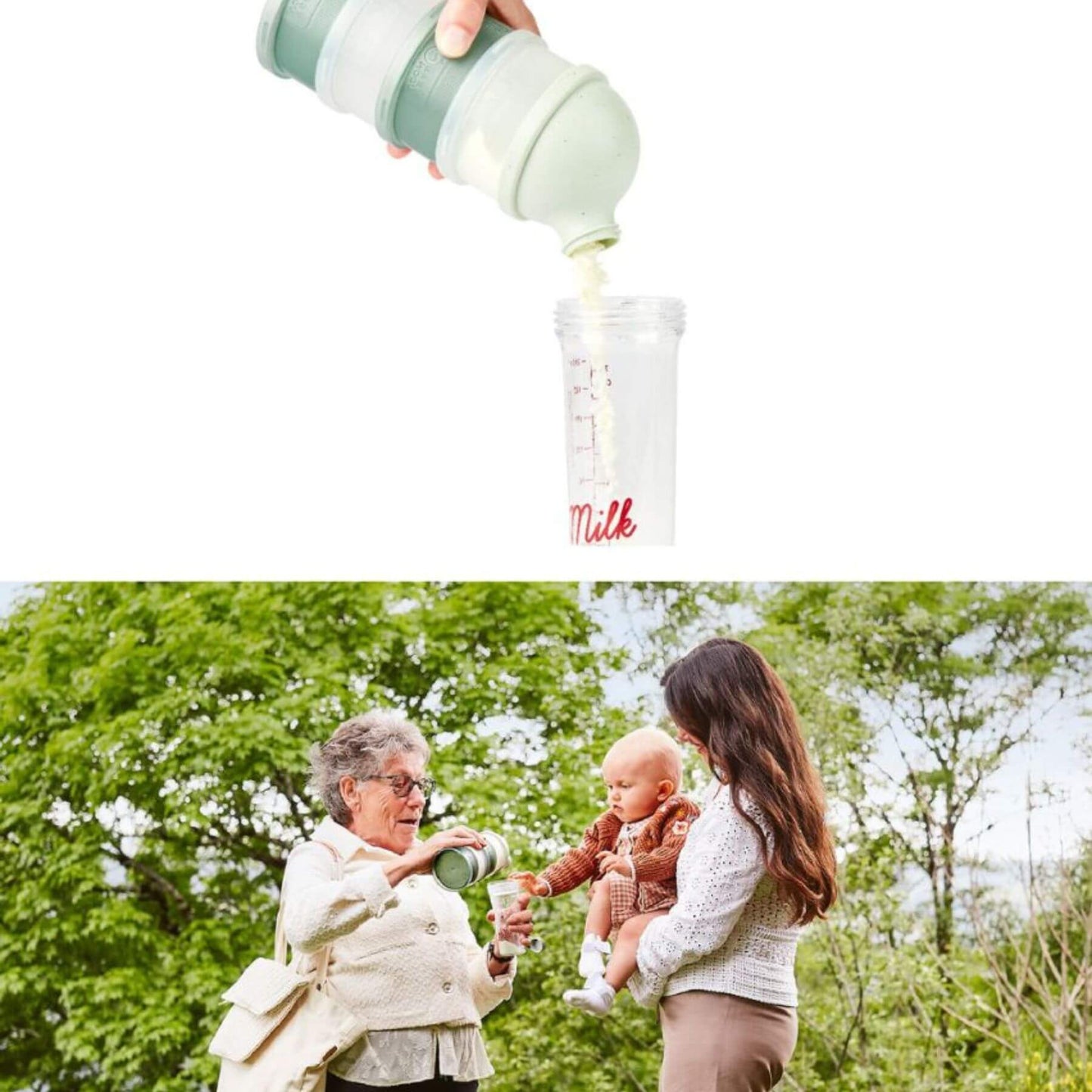 Person pouring milk from Babydose Formula Dispenser into a bottle labeled 'Milk' with a scenic outdoor background.