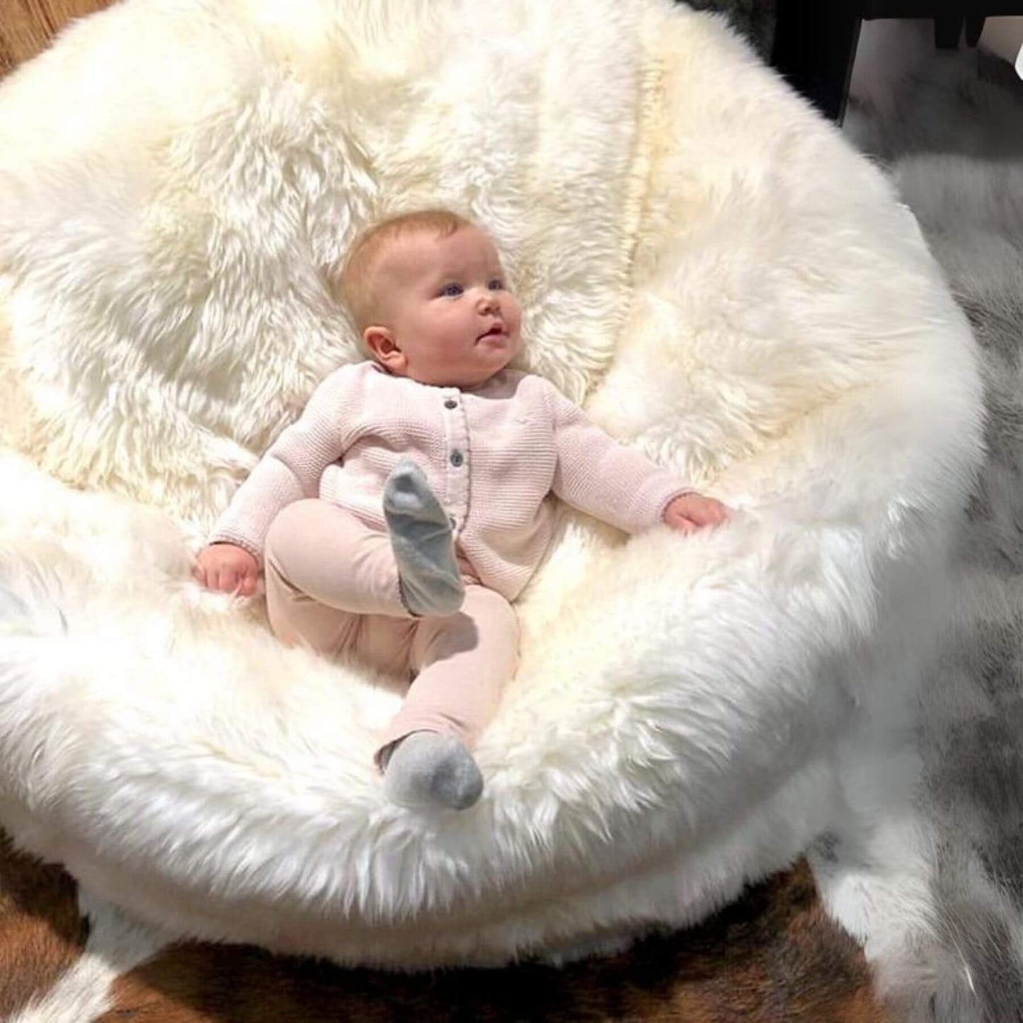 Baby Lying on Bean Bag Chair, New Zealand Sheepskin, LW, Ivory