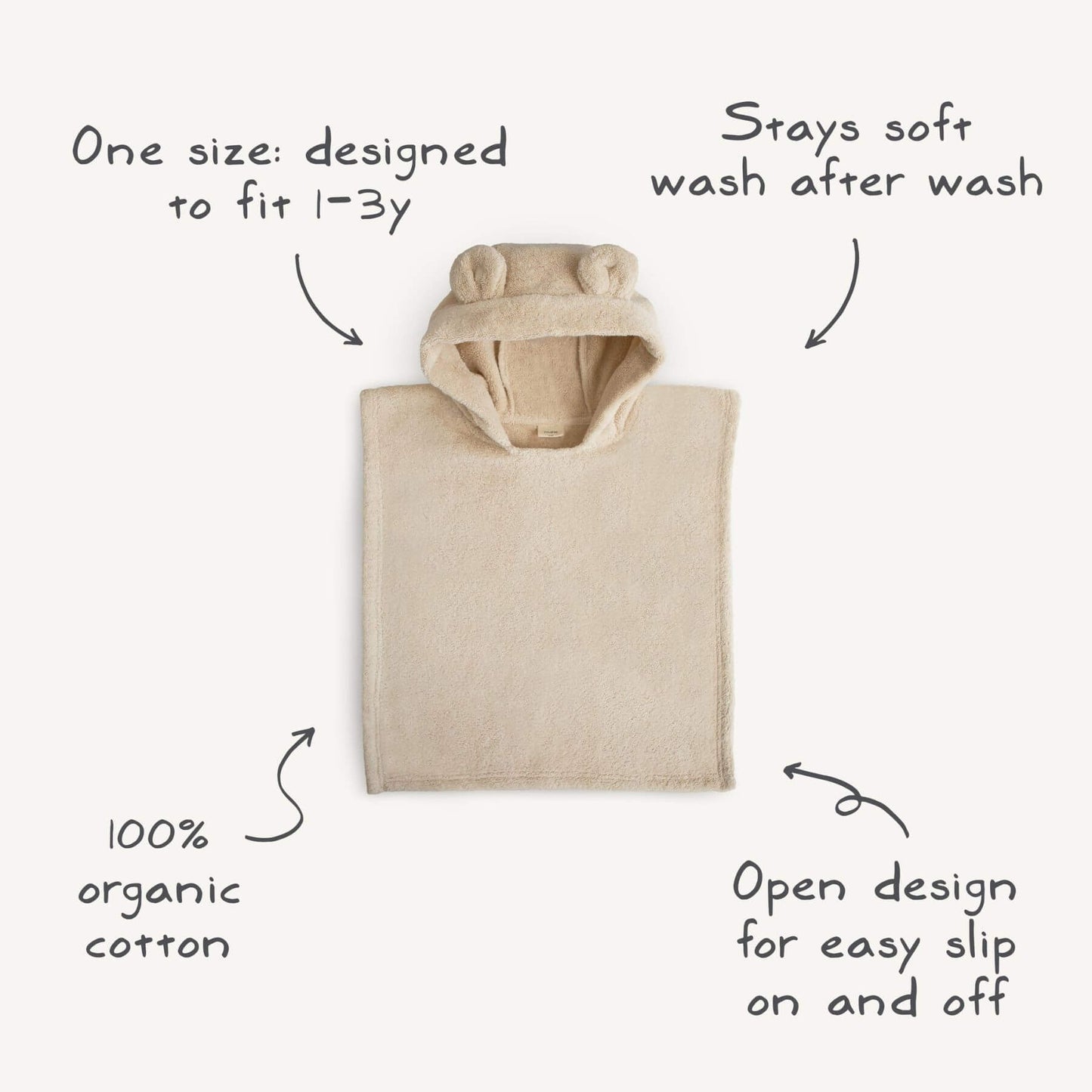 Mushie Bear Poncho Towel on a white background, featuring text about its features.