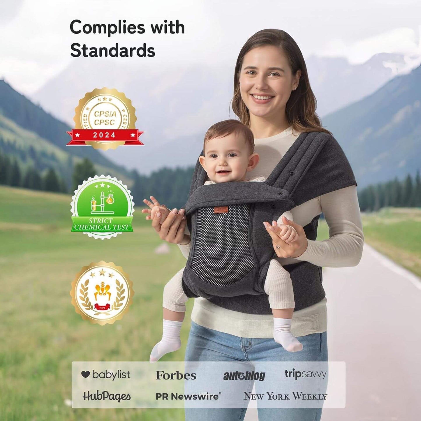 Woman holding a baby in Besrey Baby Wraps Carrier for Newborn with a scenic background and certification logos.