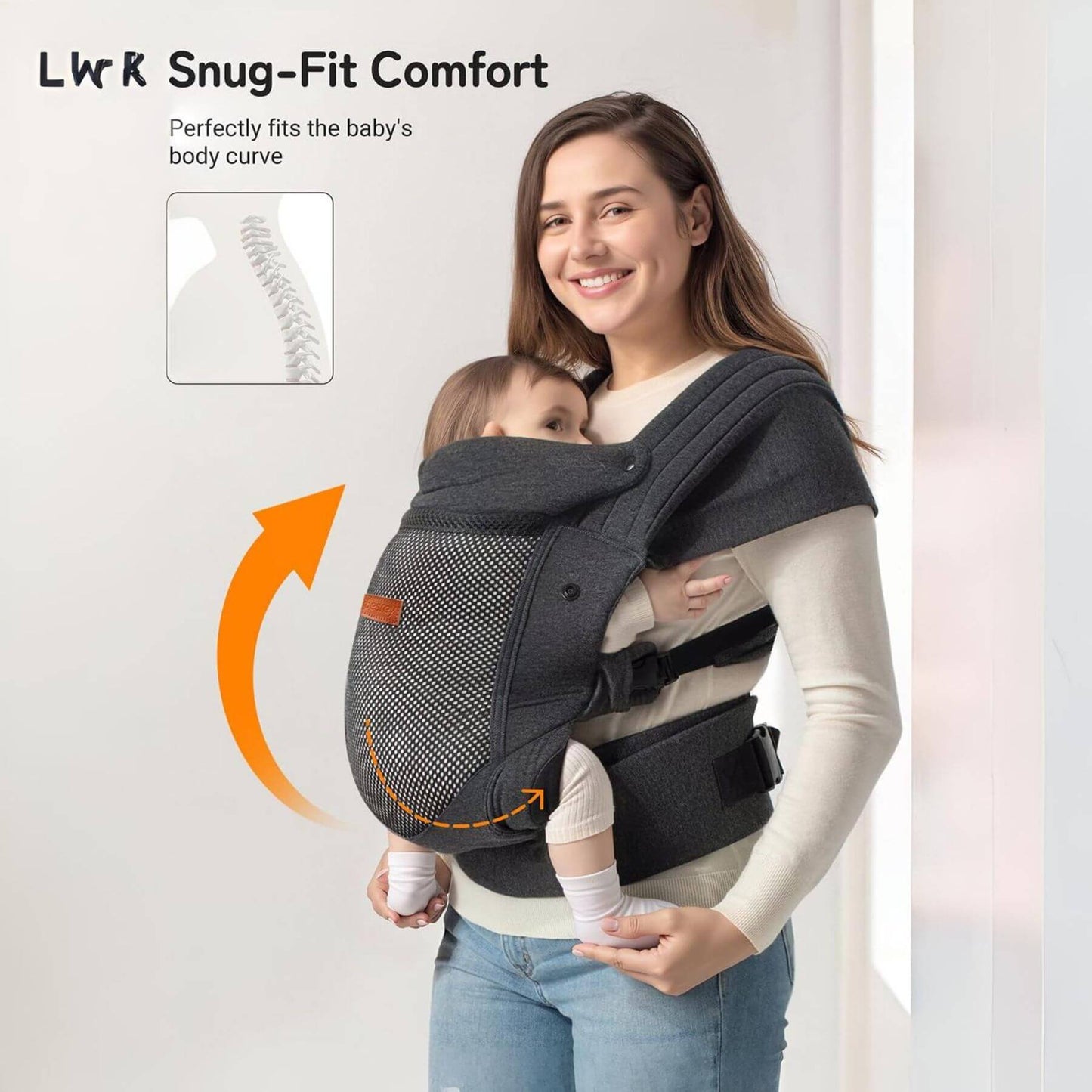 Woman holding a baby in Besrey Baby Wraps Carrier for Newborn with text and diagram on a light background.