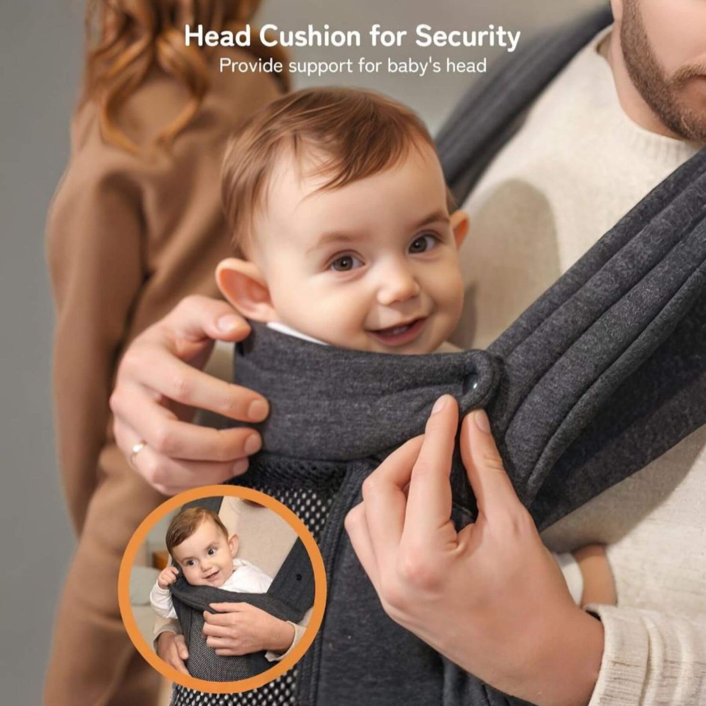 Baby being carried in Besrey Baby Wraps Carrier for Newborn, showing support for the baby's head.