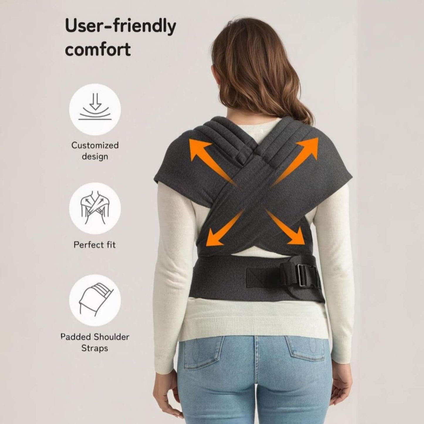 Person wearing Besrey Baby Wraps Carrier for Newborn with features highlighted on a light gray background