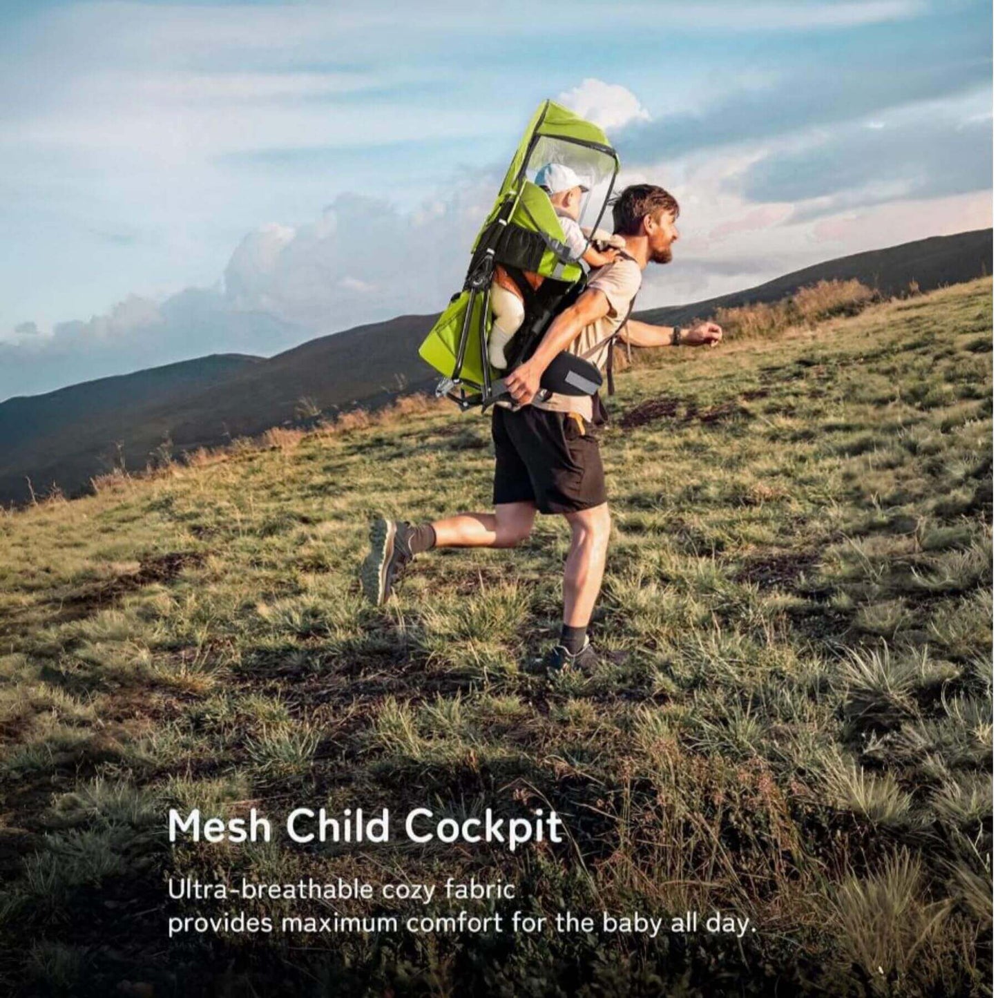 Person running outdoors with a child in Besrey Baby Backpack Carrier with Safety 3-Height Seat, set against a mountainous landscape.