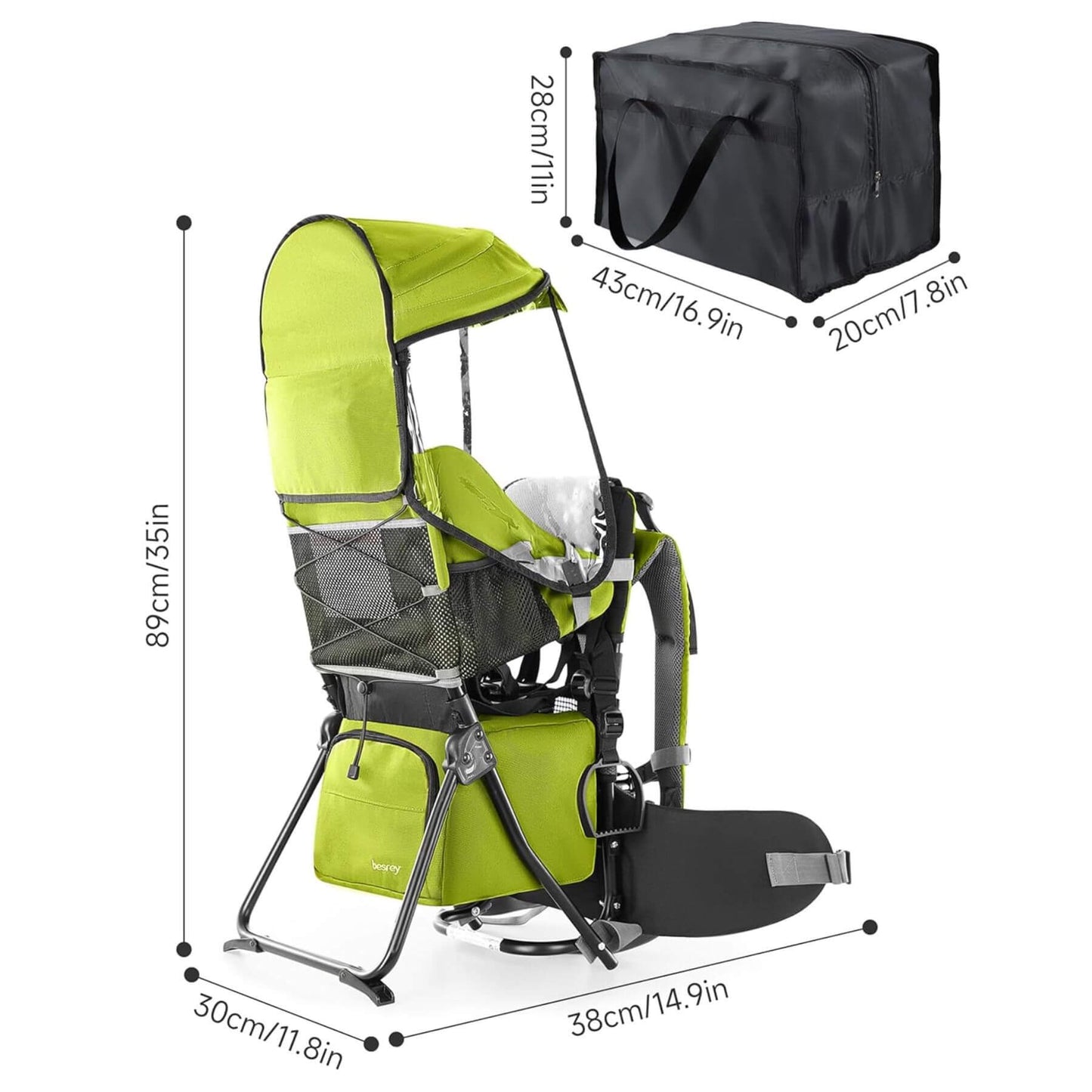 Besrey Baby Backpack Carrier with Safety 3-Height Seat and dimensions displayed