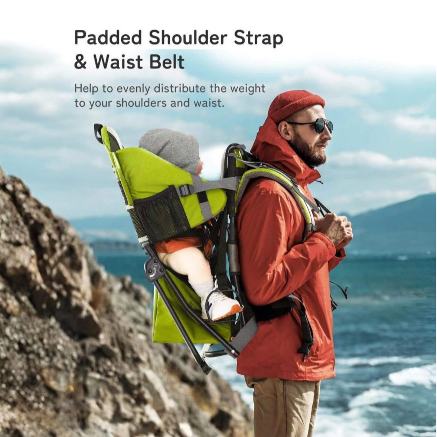 Man carrying a child in Besrey Baby Backpack Carrier with Safety 3-Height Seat with a scenic background