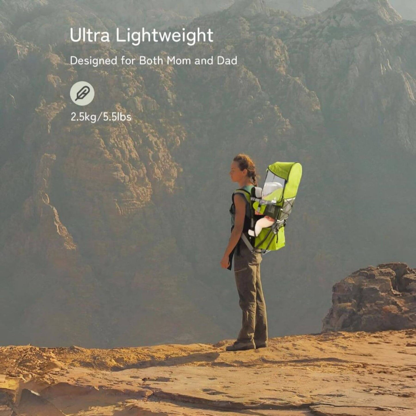 Person wearing Besrey Baby Backpack Carrier with Safety 3-Height Seat in a mountainous landscape with text about weight and design.