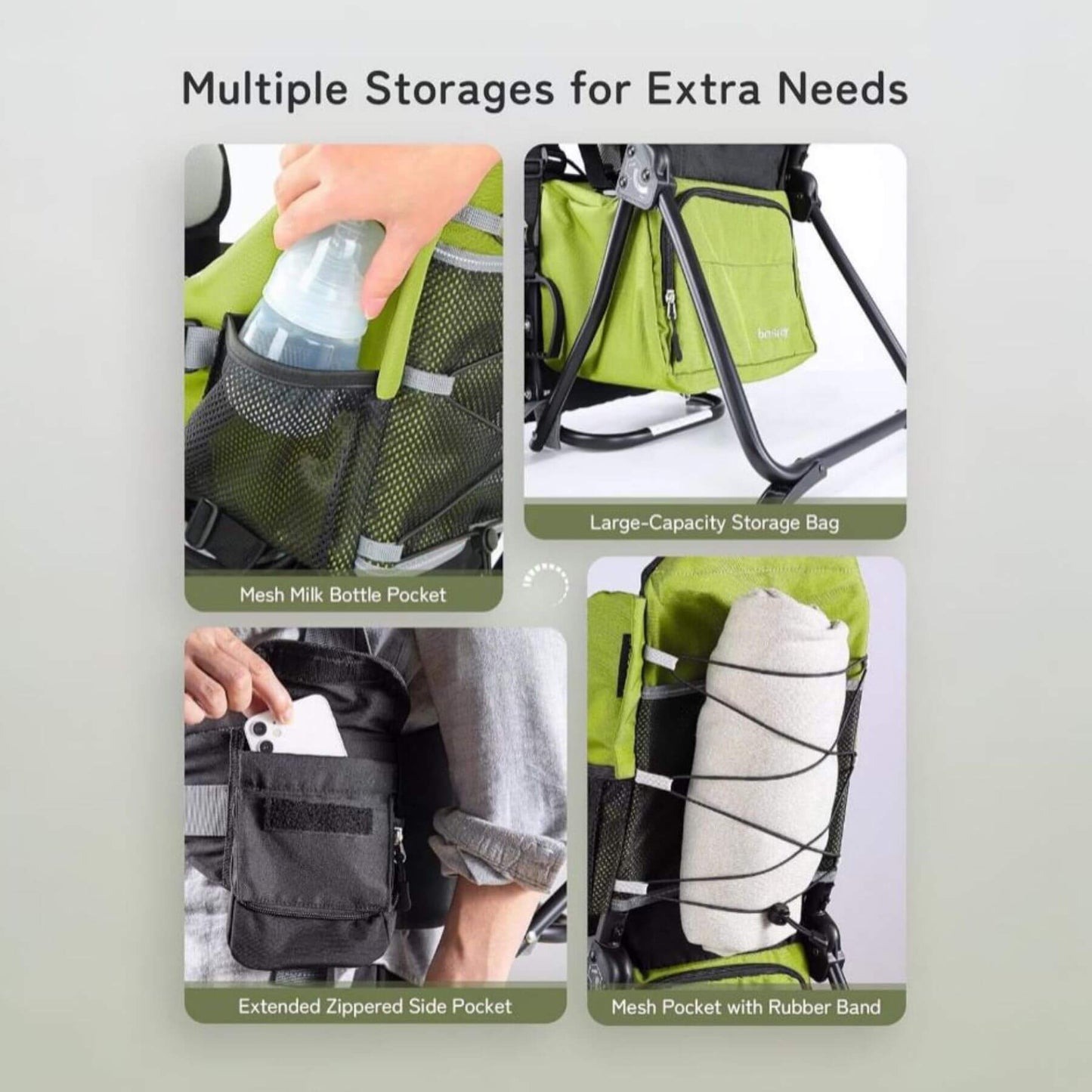 Product display of a stroller with multiple storage compartments and accessories.