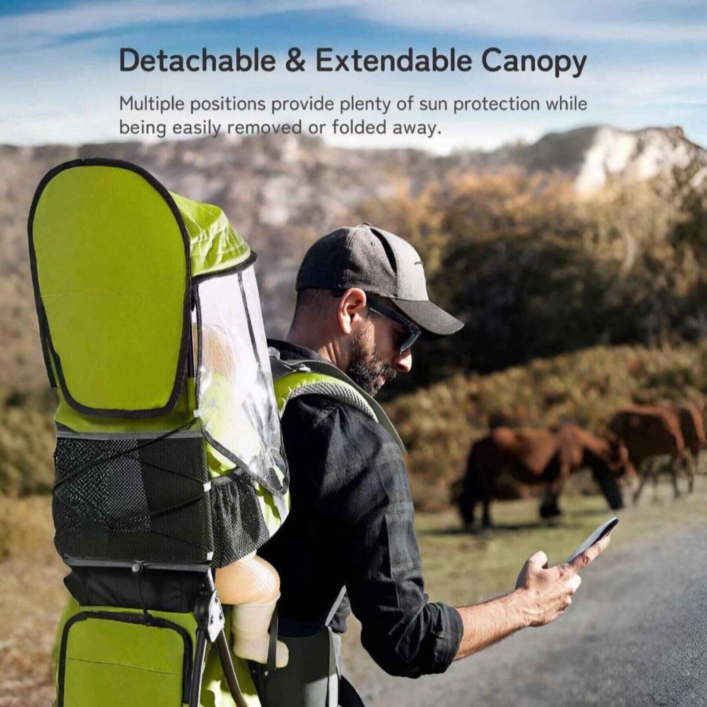 Man with Besrey Baby Backpack Carrier with Safety 3-Height Seat with a detachable canopy, standing outdoors with mountains in the background.