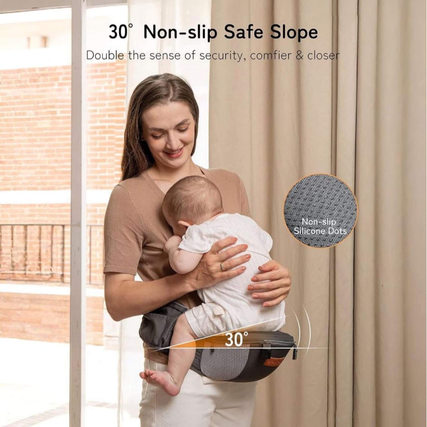 Woman holding a baby in Besrey Carrier with Front Facing Holder with text about a non-slip safe slope.