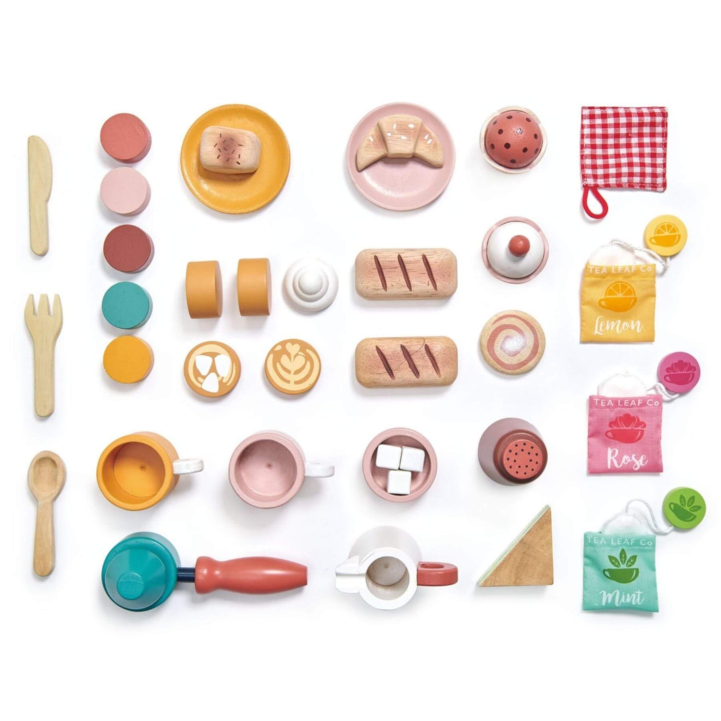 Collection of colorful toy kitchen items on a white background