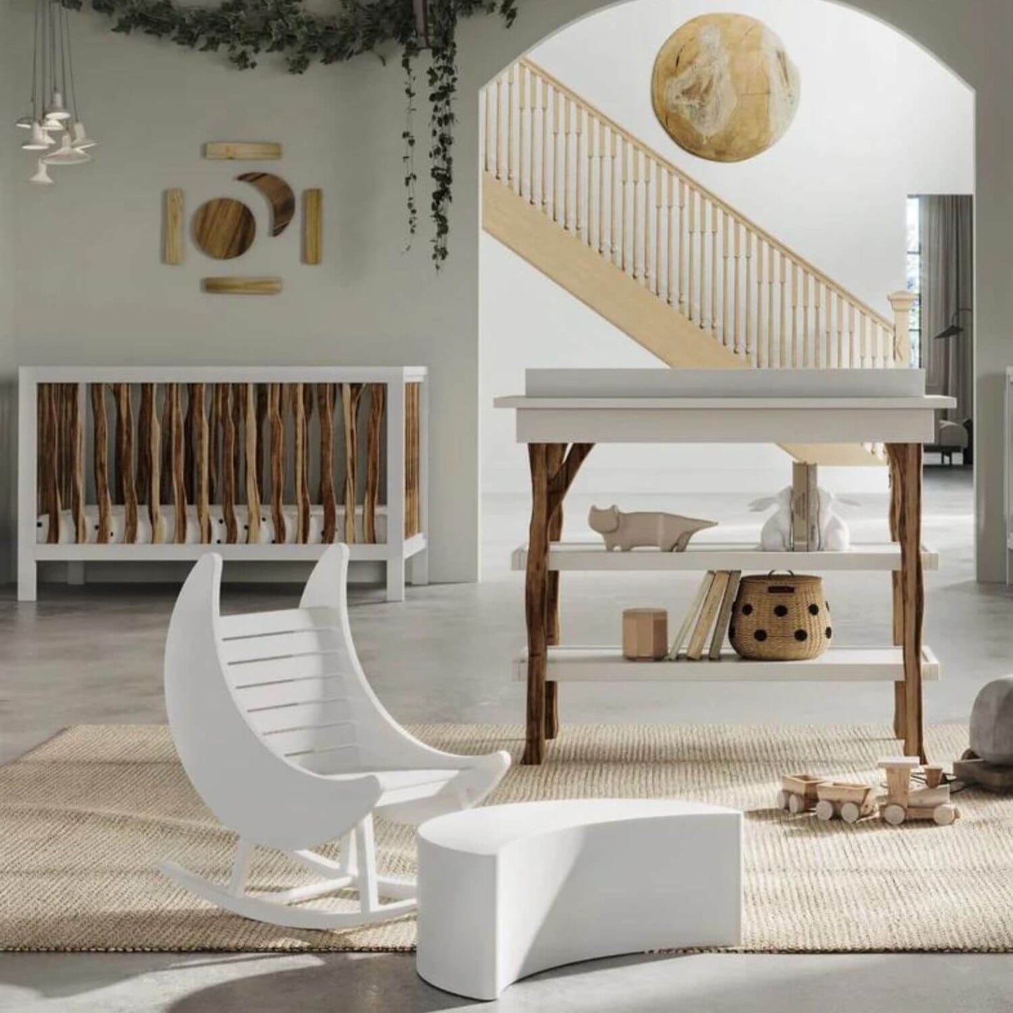 Milk Street Branch Open Shelf Changing Table Acacia with Snow - Lifestyle