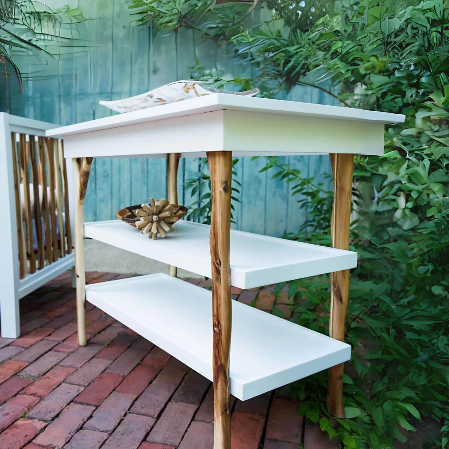Milk Street Branch Open Shelf Changing Table Acacia with Snow - Lifestyle