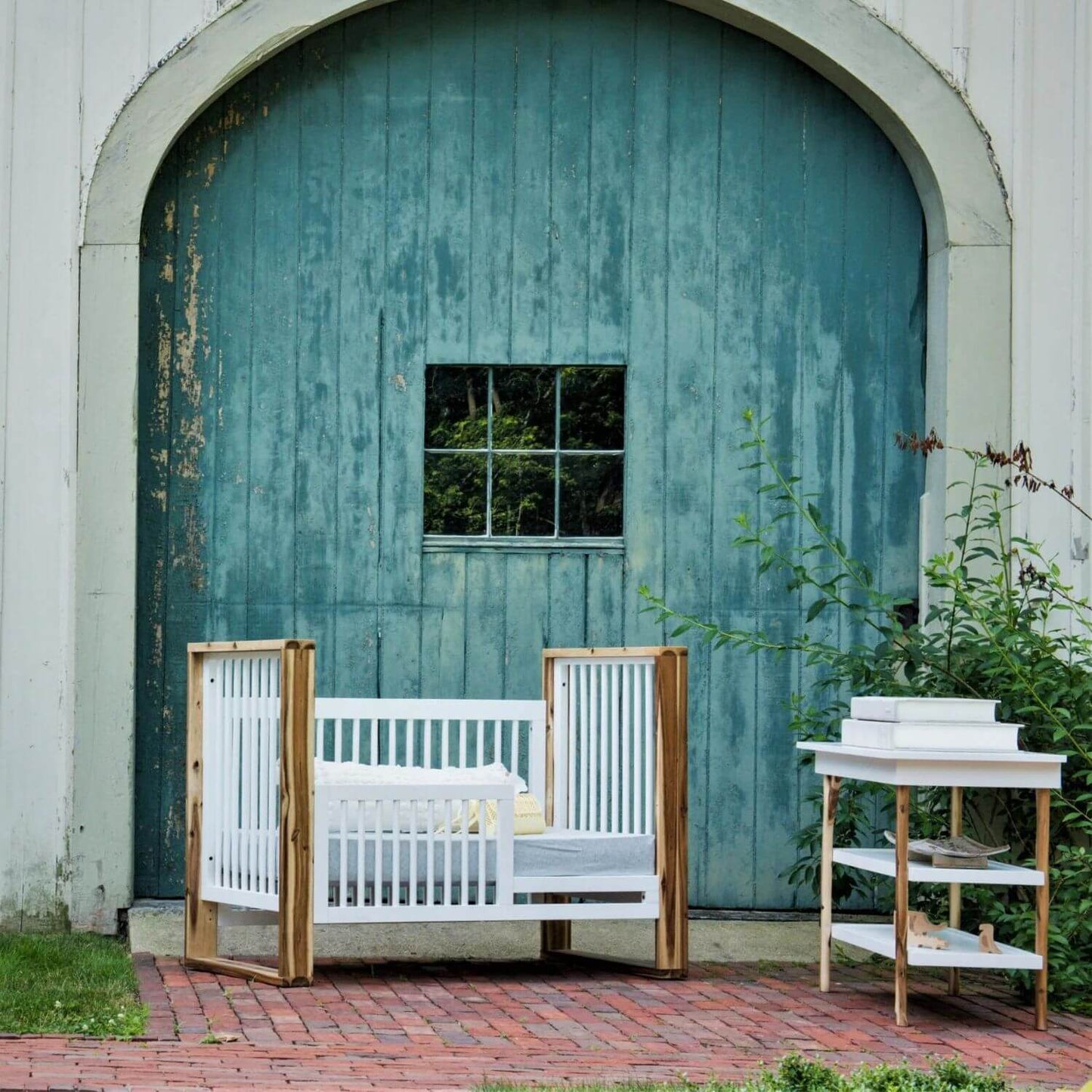 Milk Street Branch Open Shelf Changing Table Acacia with Snow - Lifestyle