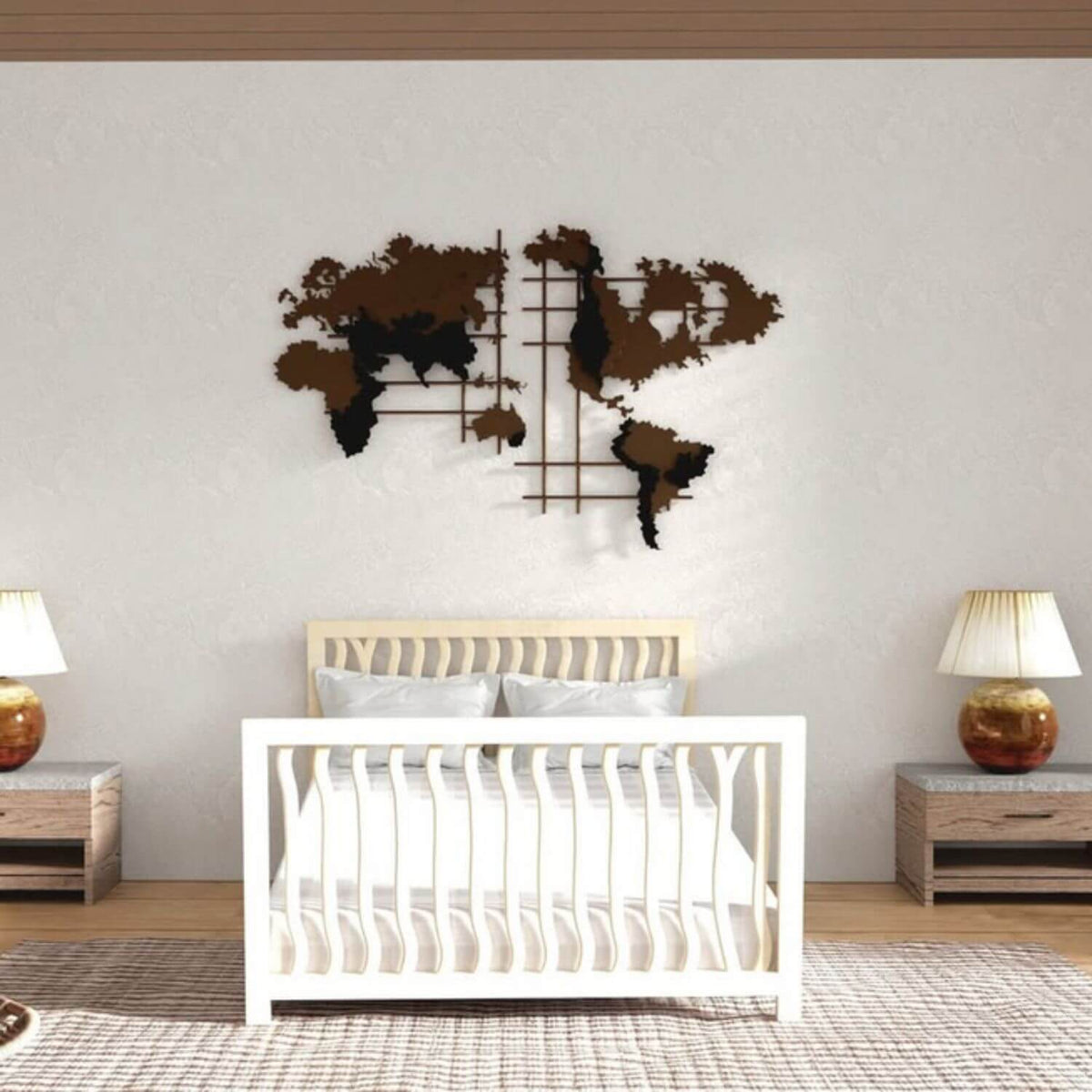 World map wall decoration above a bed in a bedroom setting.