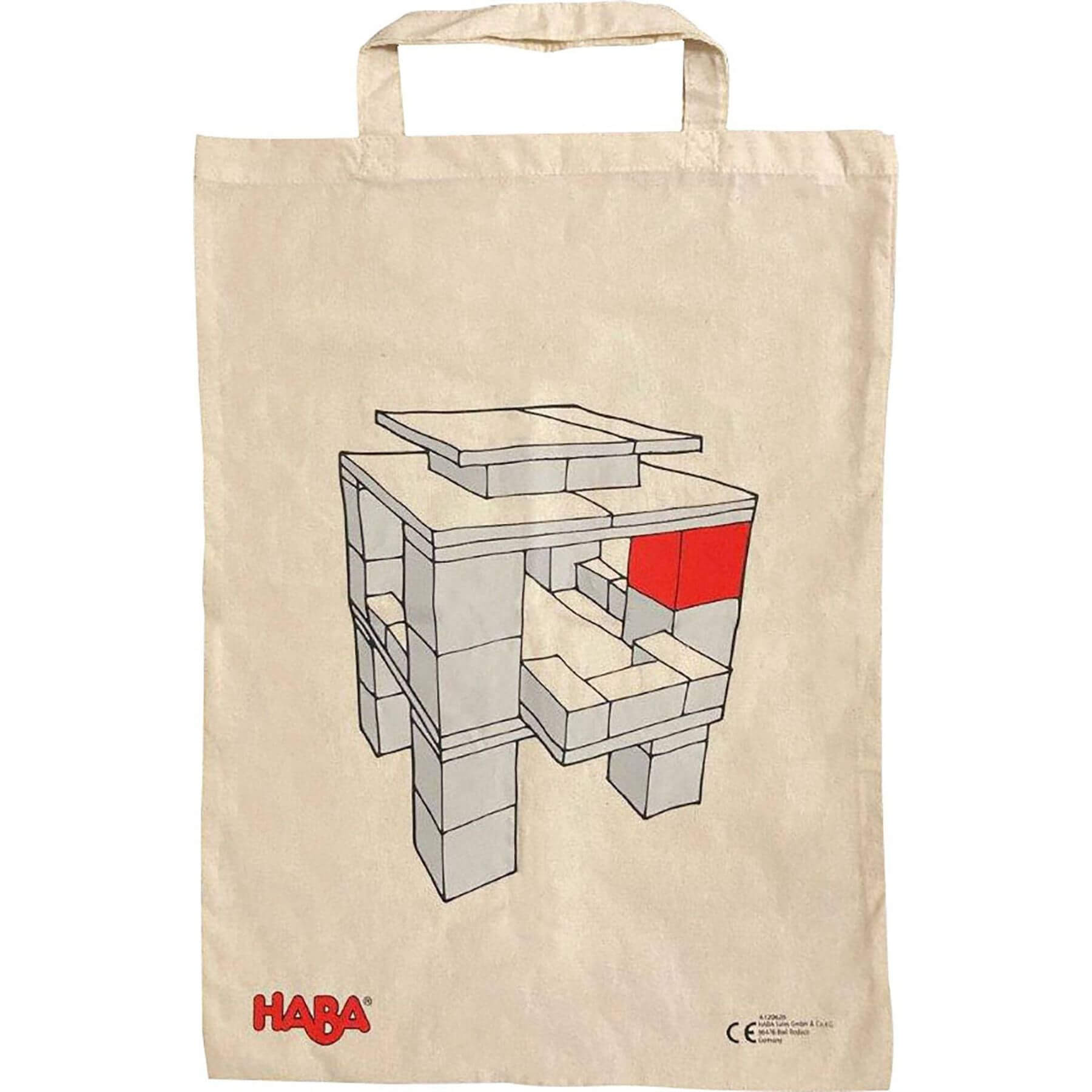 Beige tote bag with geometric design and HABA logo on a white background