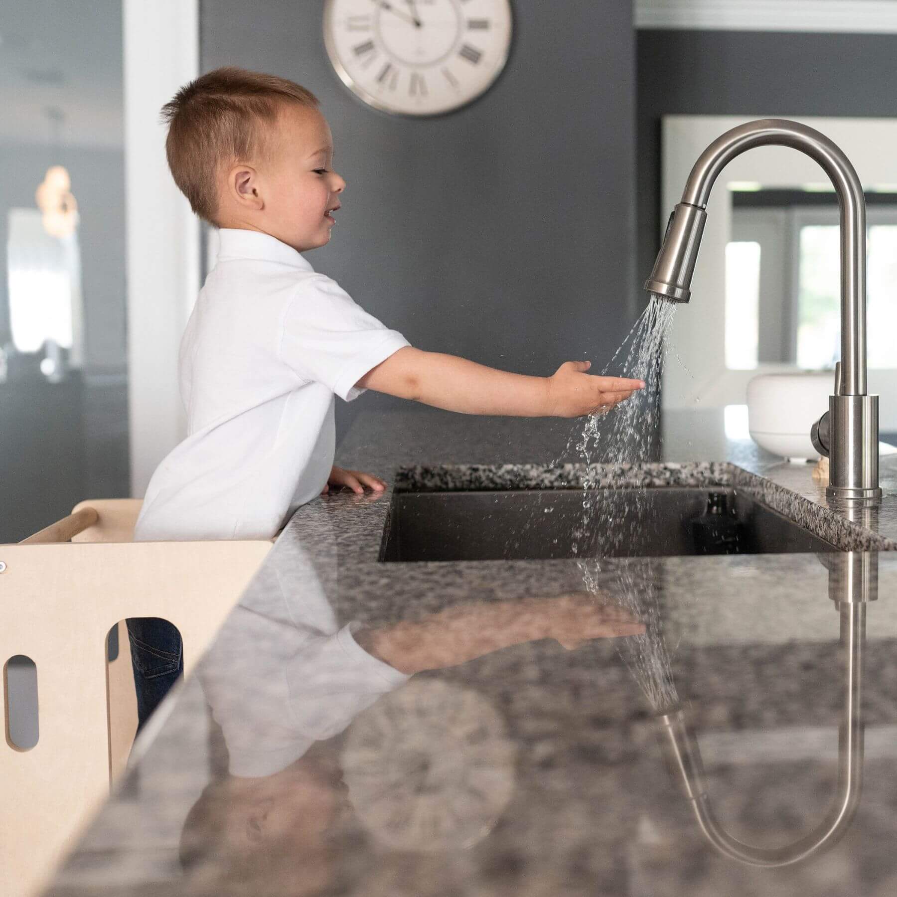 Boy Washing Hand, Standing on Busy Kids 2-In-1 Kitchen Tower and Kids Art Desk
