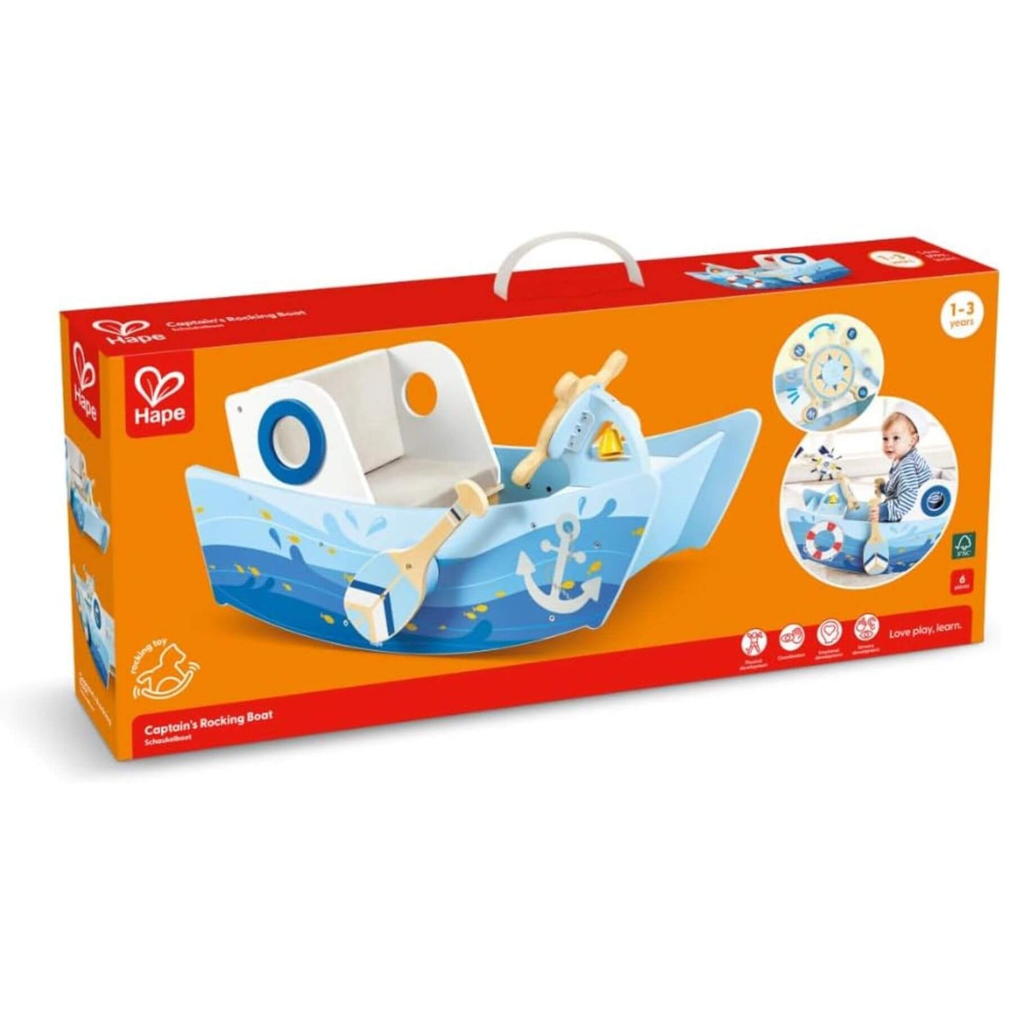 Hape Captain's rocking boat toy packaging on a white background