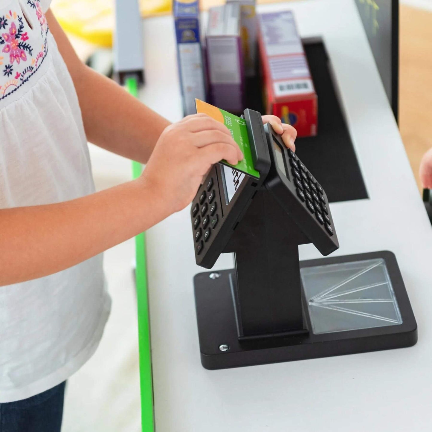 Kid Using Cashier Austin Play Market Checkout Machine