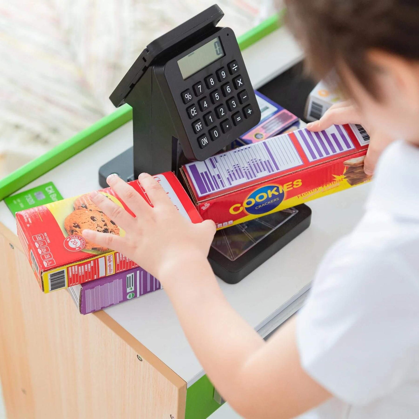 Kid Using Cashier Austin Play Market Checkout Machine