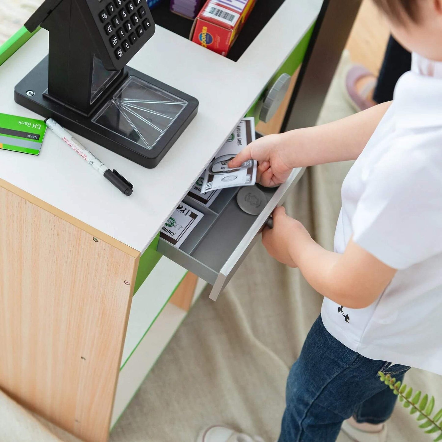 Kid Playing with Teamson Kids Cashier Austin Play Market Checkout Counter