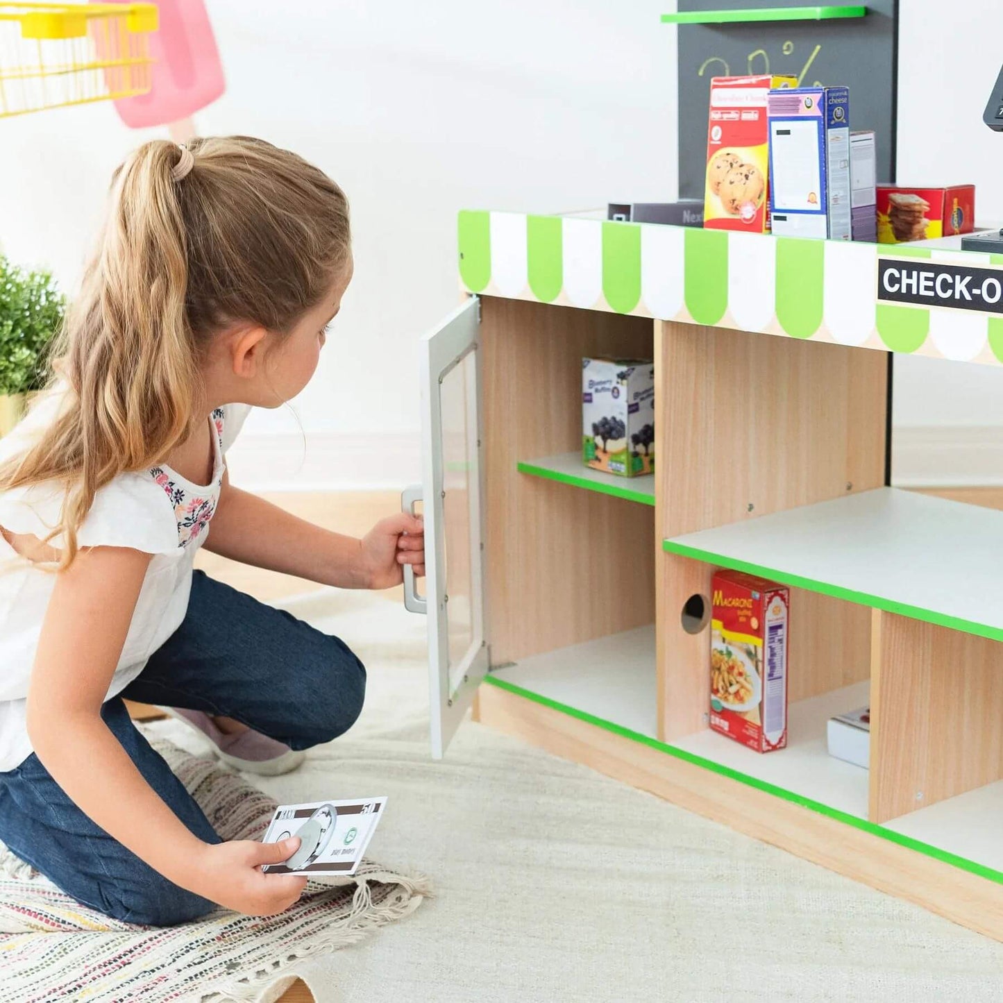 Girl Playing with Teamson Kids Cashier Austin Play Market Checkout Counter
